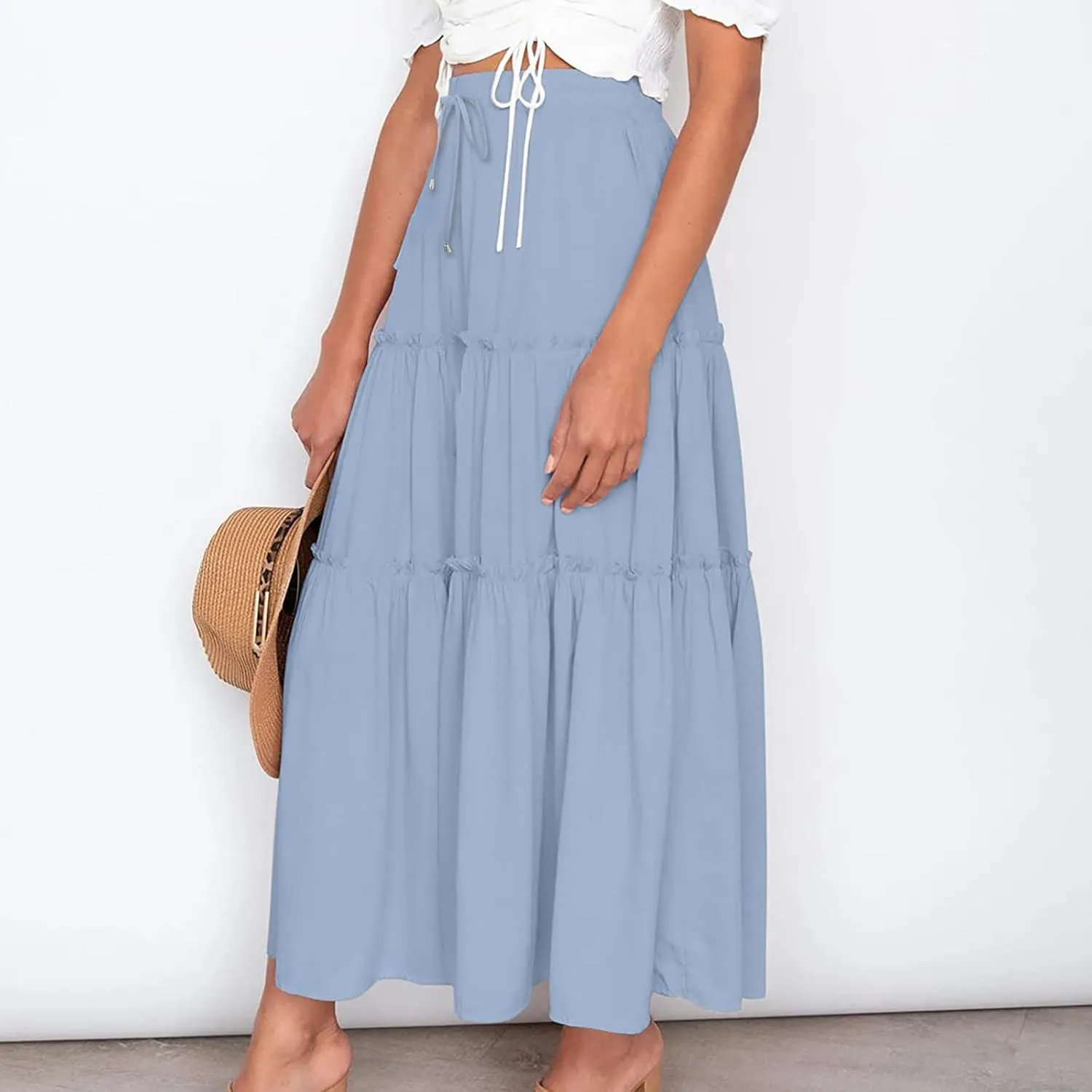 Boho Maxi Skirts Women Summer Elastic Waist Loose Long Skirts Solid Colour Bohemian Skirts Ladies Casual Outfits