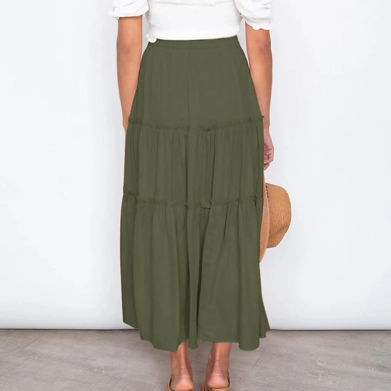 Boho Maxi Skirts Women Summer Elastic Waist Loose Long Skirts Solid Colour Bohemian Skirts Ladies Casual Outfits