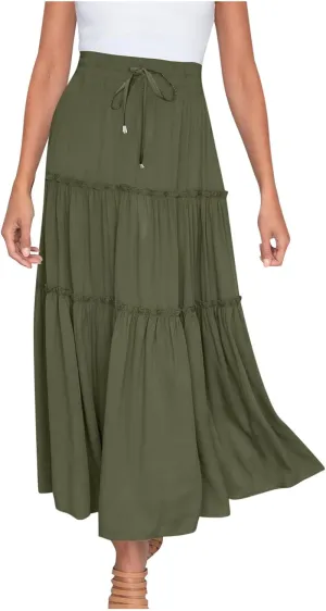 Boho Maxi Skirts Women Summer Elastic Waist Loose Long Skirts Solid Colour Bohemian Skirts Ladies Casual Outfits