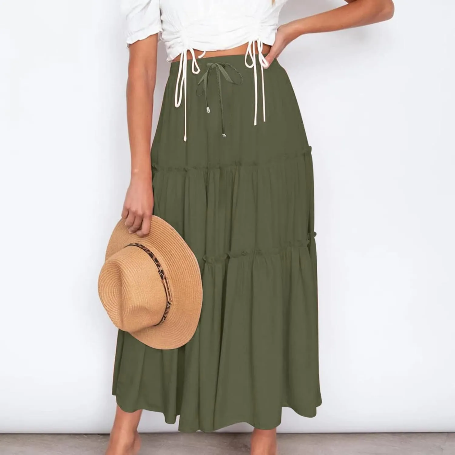 Boho Maxi Skirts Women Summer Elastic Waist Loose Long Skirts Solid Colour Bohemian Skirts Ladies Casual Outfits
