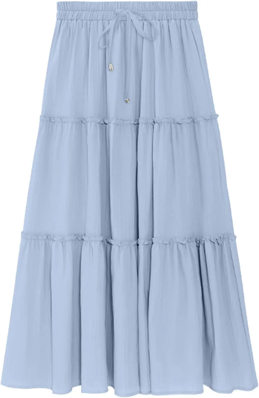 Boho Maxi Skirts Women Summer Elastic Waist Loose Long Skirts Solid Colour Bohemian Skirts Ladies Casual Outfits