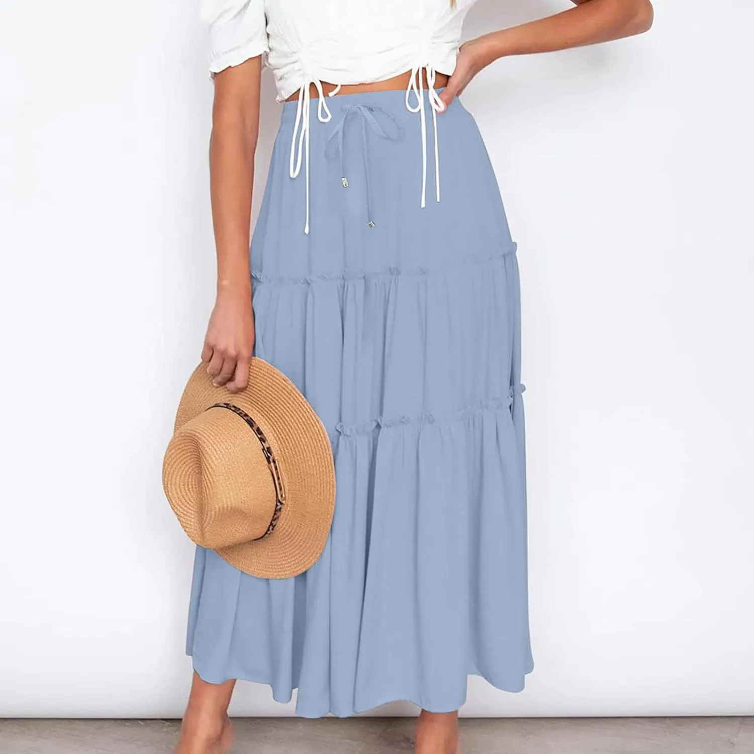 Boho Maxi Skirts Women Summer Elastic Waist Loose Long Skirts Solid Colour Bohemian Skirts Ladies Casual Outfits