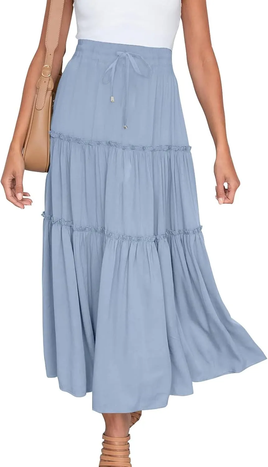 Boho Maxi Skirts Women Summer Elastic Waist Loose Long Skirts Solid Colour Bohemian Skirts Ladies Casual Outfits