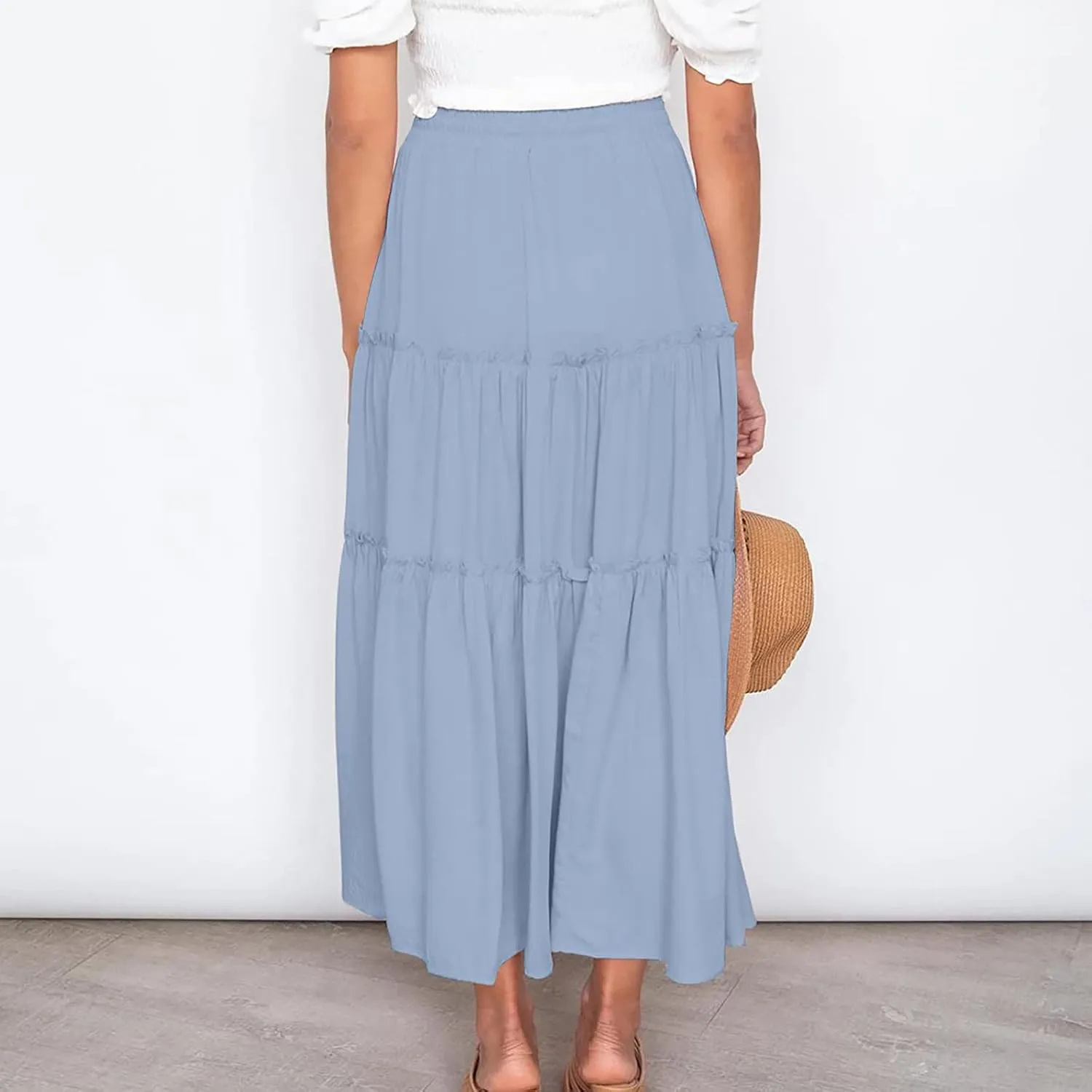 Boho Maxi Skirts Women Summer Elastic Waist Loose Long Skirts Solid Colour Bohemian Skirts Ladies Casual Outfits
