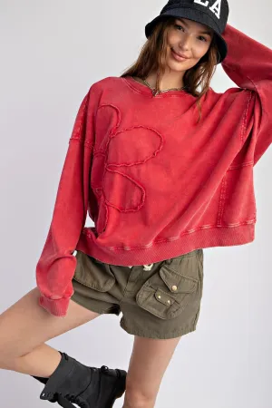 Boho Red Flower Patch Washed Terry Knit Pullover