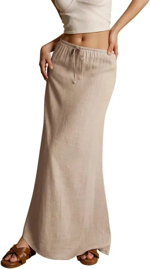 Boho Skirts for Women 2025 Drawstring Waist Long Slim Low Rise Cotton Linen A Line Beach Vacation Midi Skirt