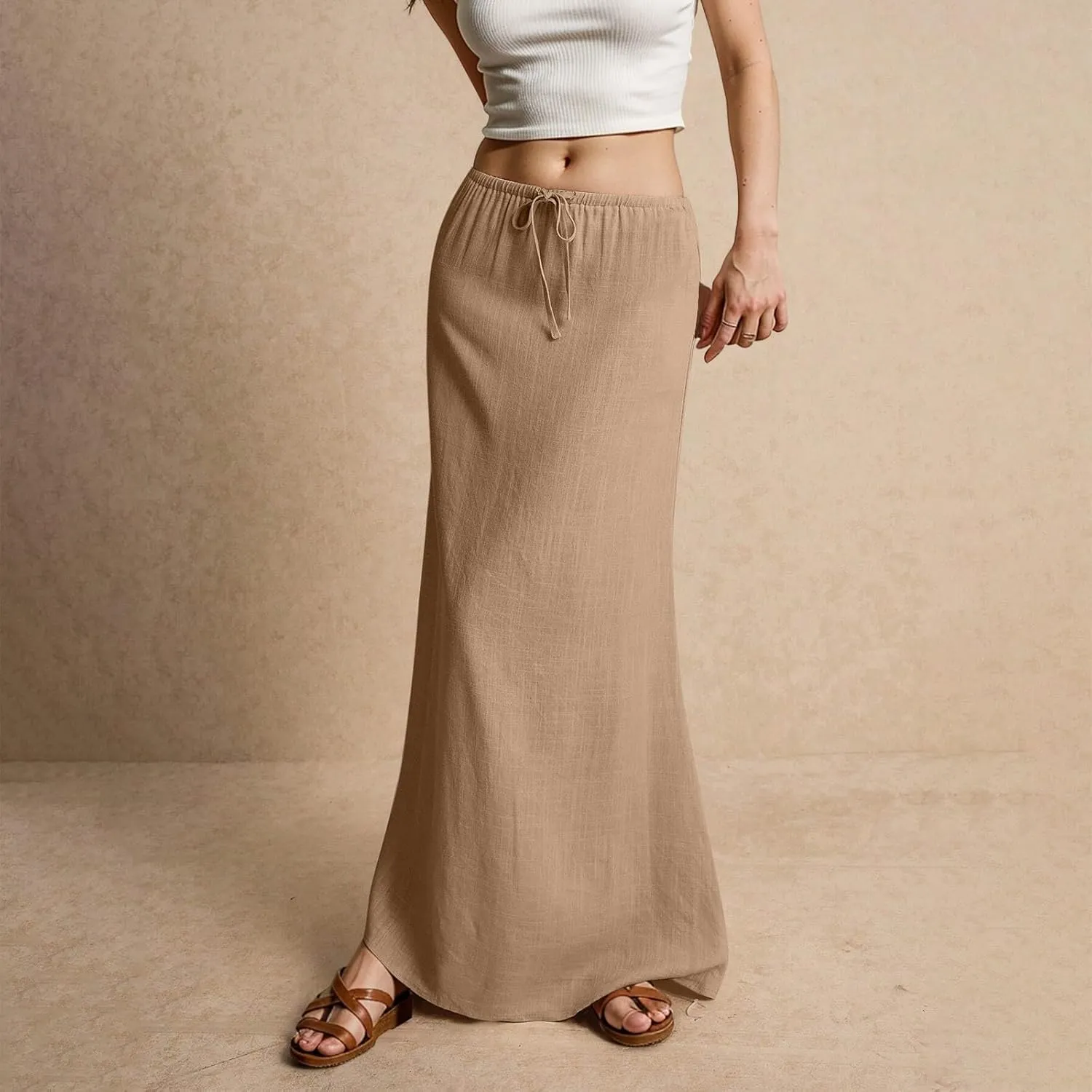 Boho Skirts for Women 2025 Drawstring Waist Long Slim Low Rise Cotton Linen A Line Beach Vacation Midi Skirt