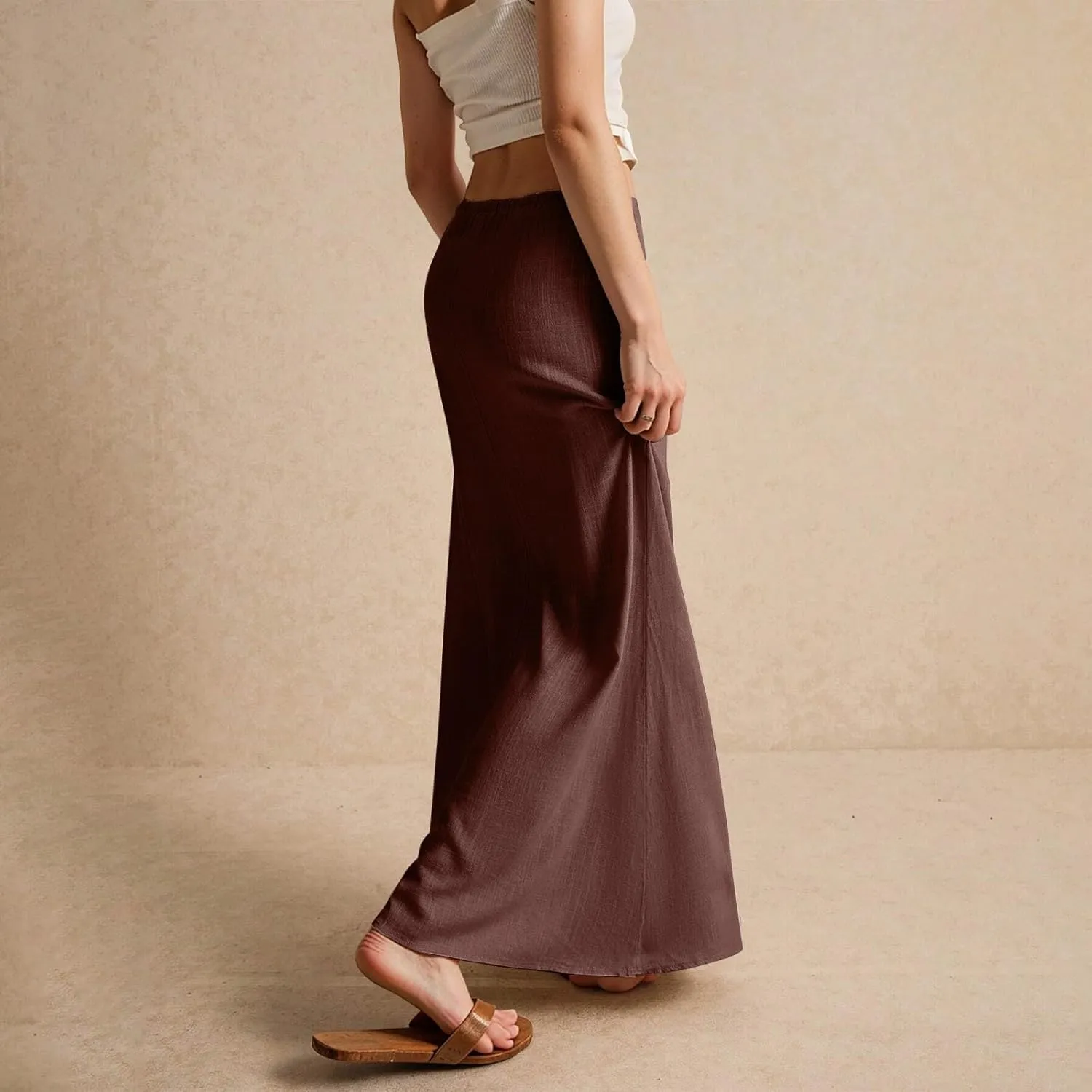 Boho Skirts for Women 2025 Drawstring Waist Long Slim Low Rise Cotton Linen A Line Beach Vacation Midi Skirt