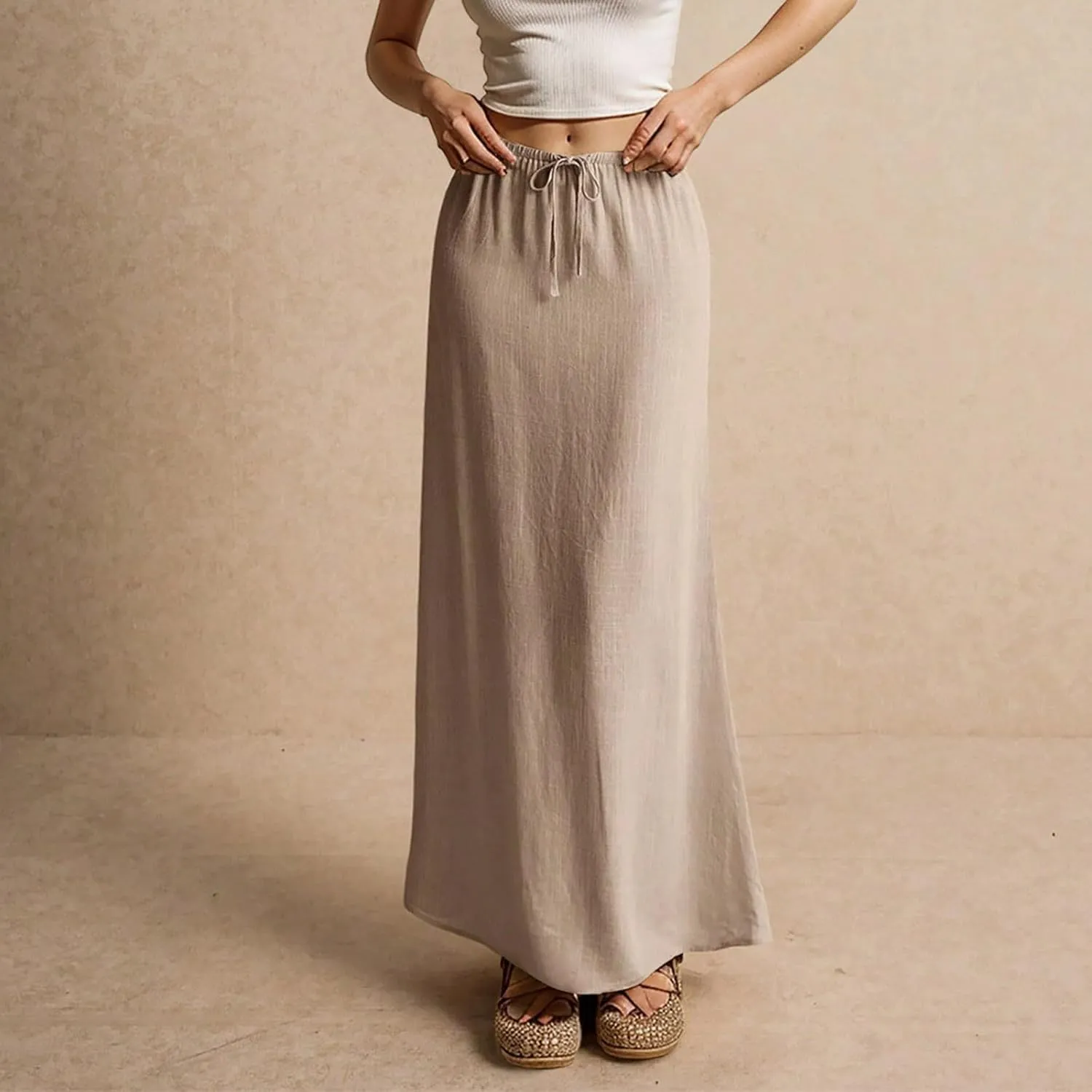 Boho Skirts for Women 2025 Drawstring Waist Long Slim Low Rise Cotton Linen A Line Beach Vacation Midi Skirt