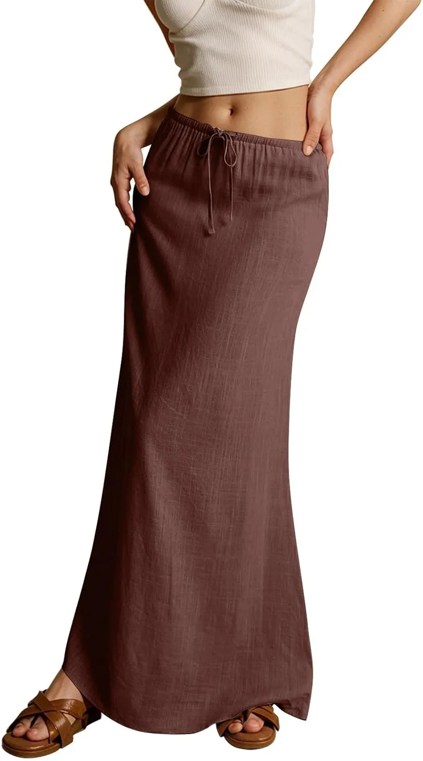 Boho Skirts for Women 2025 Drawstring Waist Long Slim Low Rise Cotton Linen A Line Beach Vacation Midi Skirt