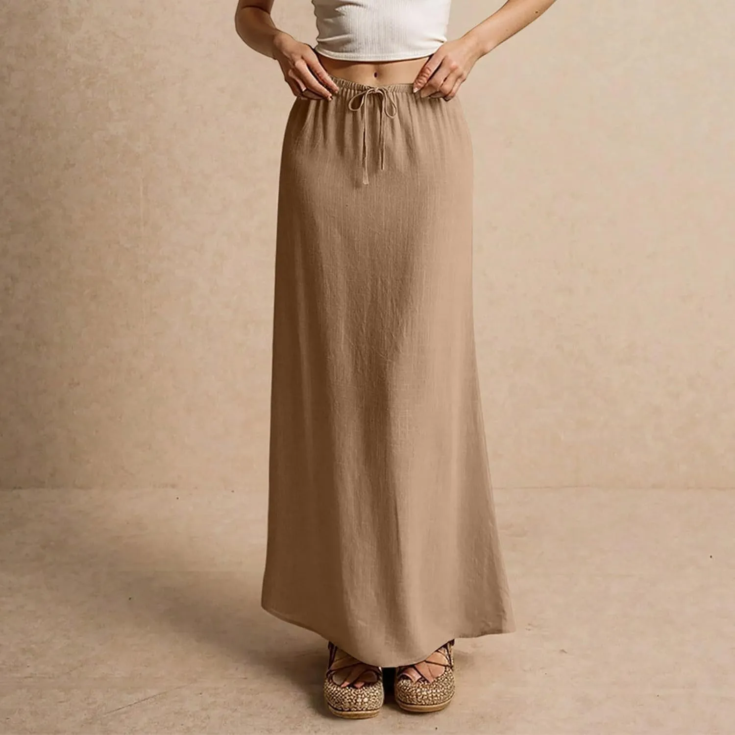 Boho Skirts for Women 2025 Drawstring Waist Long Slim Low Rise Cotton Linen A Line Beach Vacation Midi Skirt
