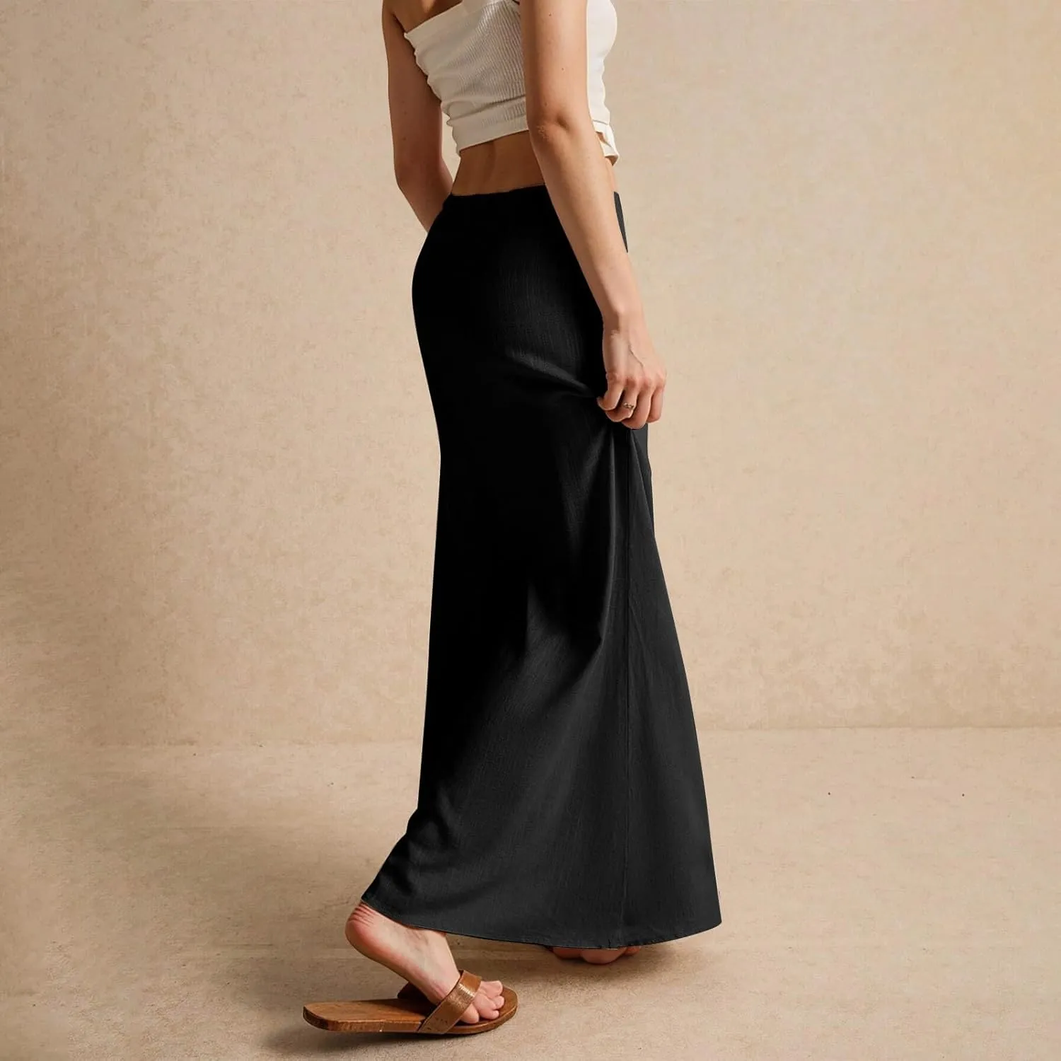 Boho Skirts for Women 2025 Drawstring Waist Long Slim Low Rise Cotton Linen A Line Beach Vacation Midi Skirt