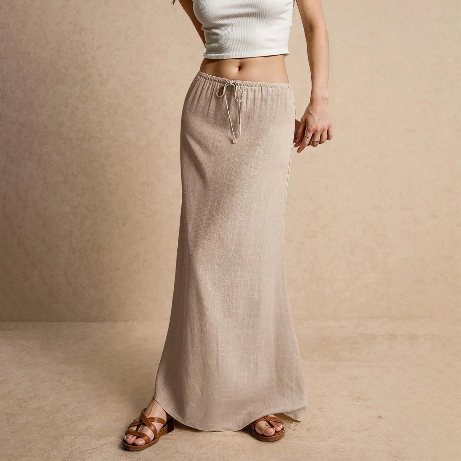 Boho Skirts for Women 2025 Drawstring Waist Long Slim Low Rise Cotton Linen A Line Beach Vacation Midi Skirt