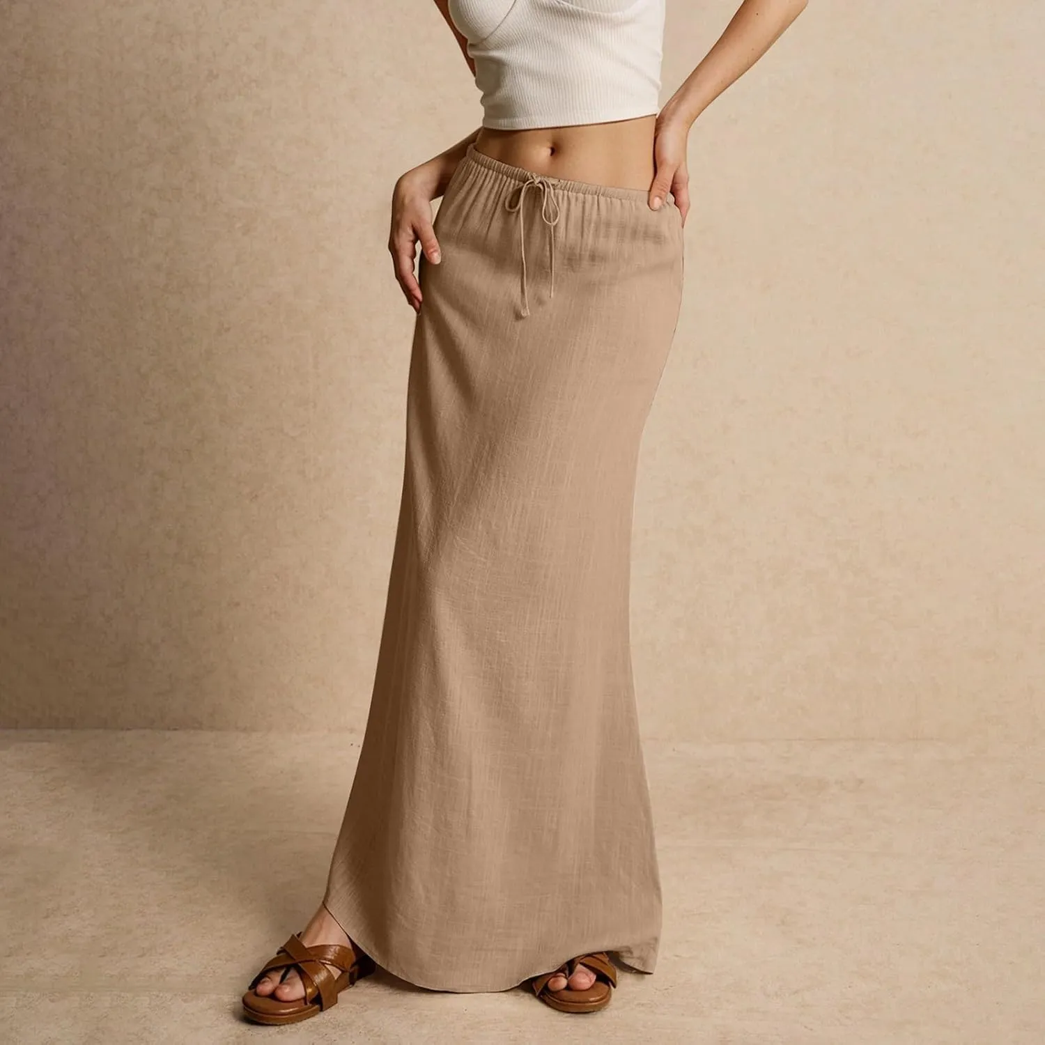 Boho Skirts for Women 2025 Drawstring Waist Long Slim Low Rise Cotton Linen A Line Beach Vacation Midi Skirt