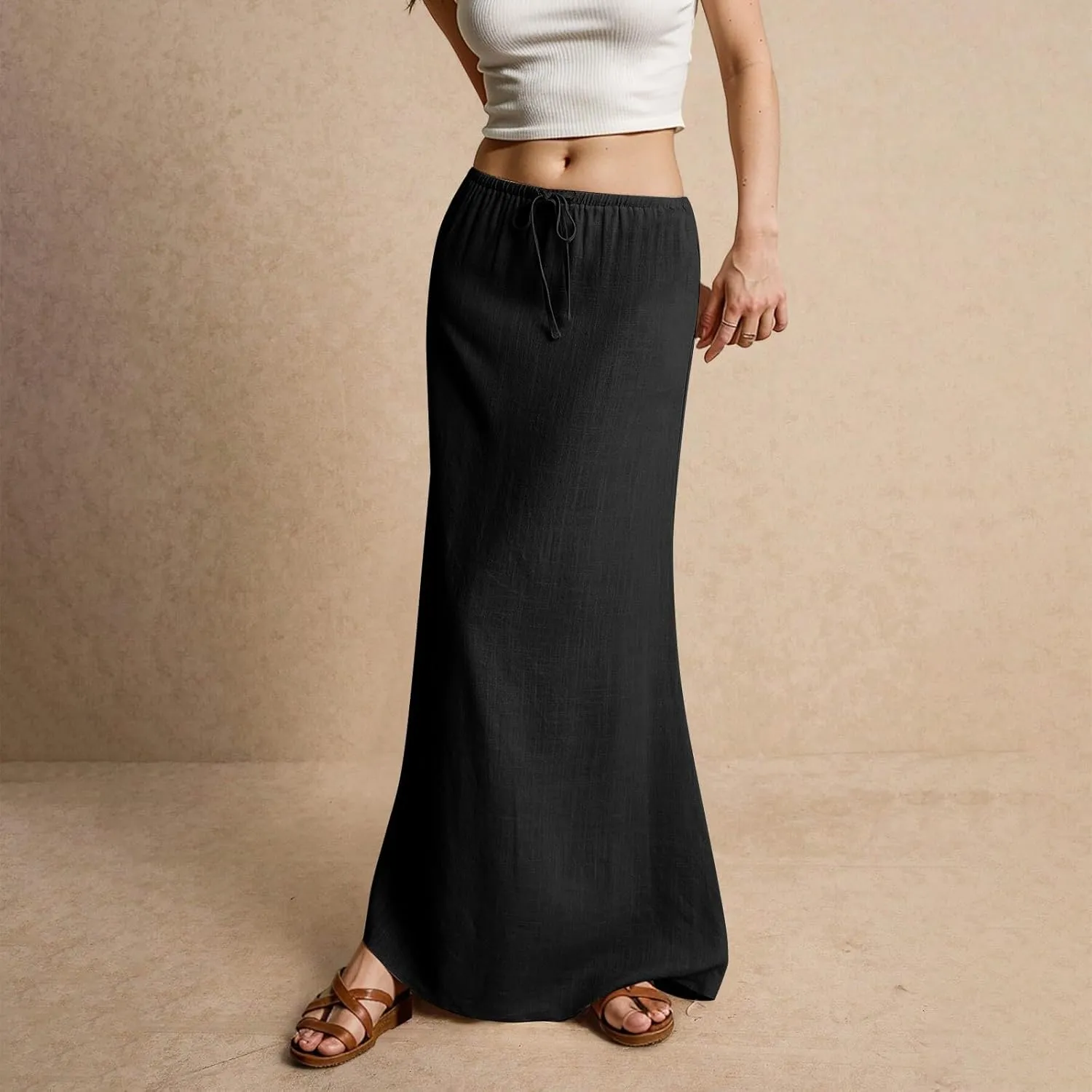 Boho Skirts for Women 2025 Drawstring Waist Long Slim Low Rise Cotton Linen A Line Beach Vacation Midi Skirt