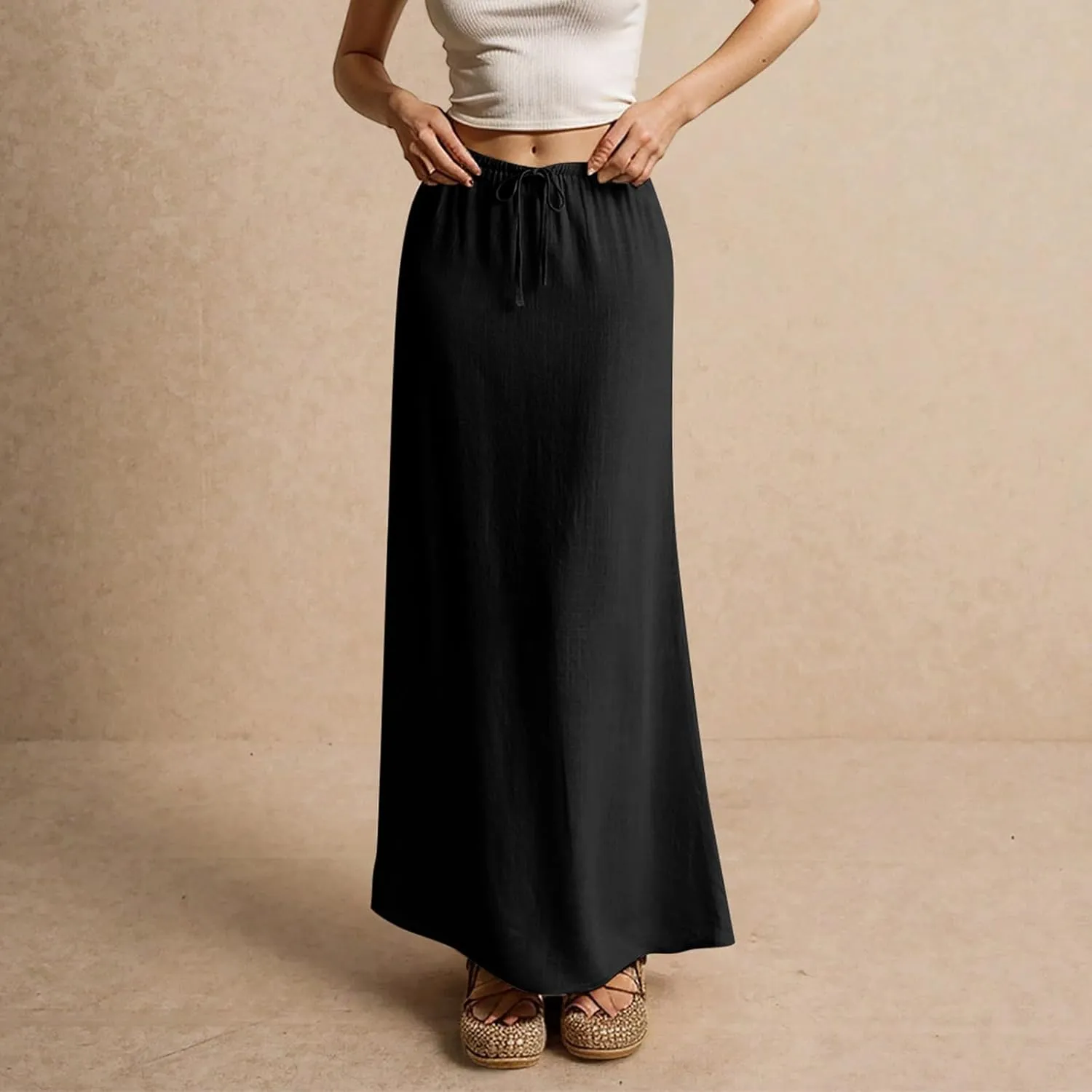 Boho Skirts for Women 2025 Drawstring Waist Long Slim Low Rise Cotton Linen A Line Beach Vacation Midi Skirt