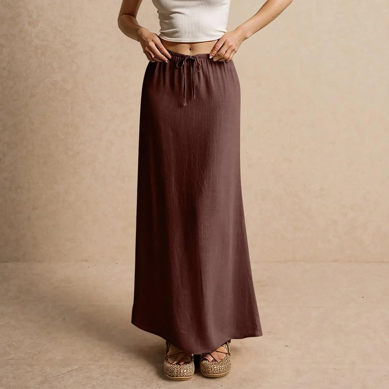 Boho Skirts for Women 2025 Drawstring Waist Long Slim Low Rise Cotton Linen A Line Beach Vacation Midi Skirt