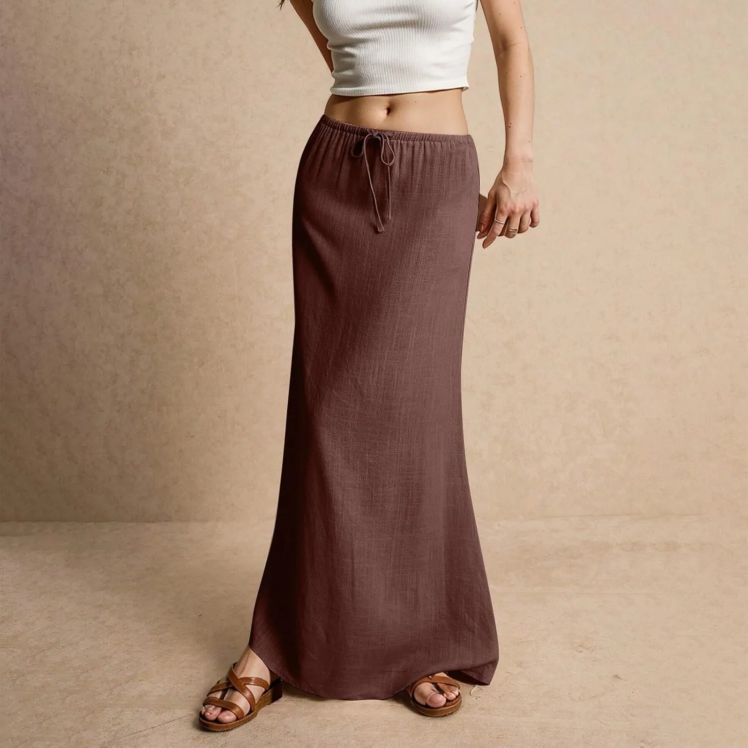 Boho Skirts for Women 2025 Drawstring Waist Long Slim Low Rise Cotton Linen A Line Beach Vacation Midi Skirt