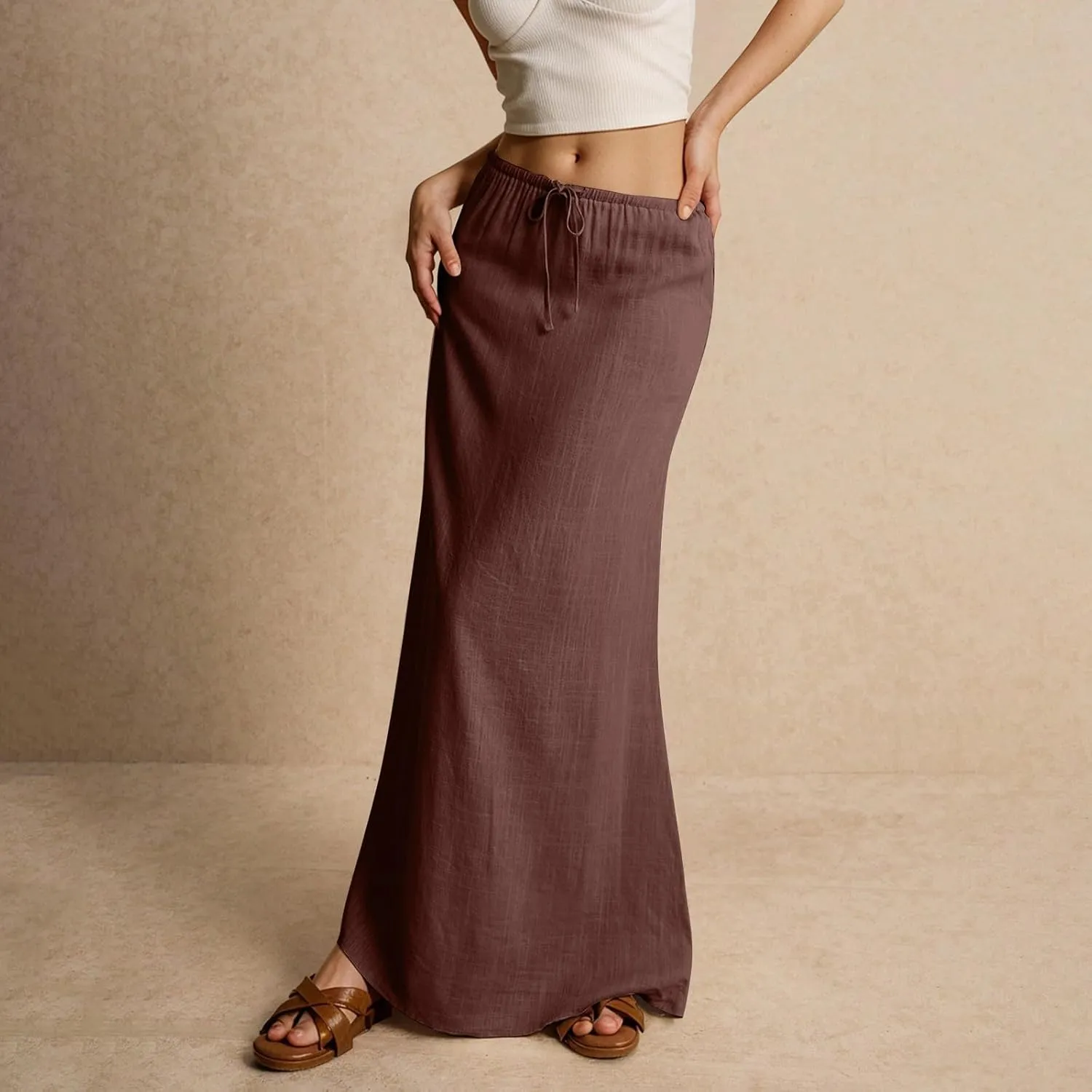 Boho Skirts for Women 2025 Drawstring Waist Long Slim Low Rise Cotton Linen A Line Beach Vacation Midi Skirt