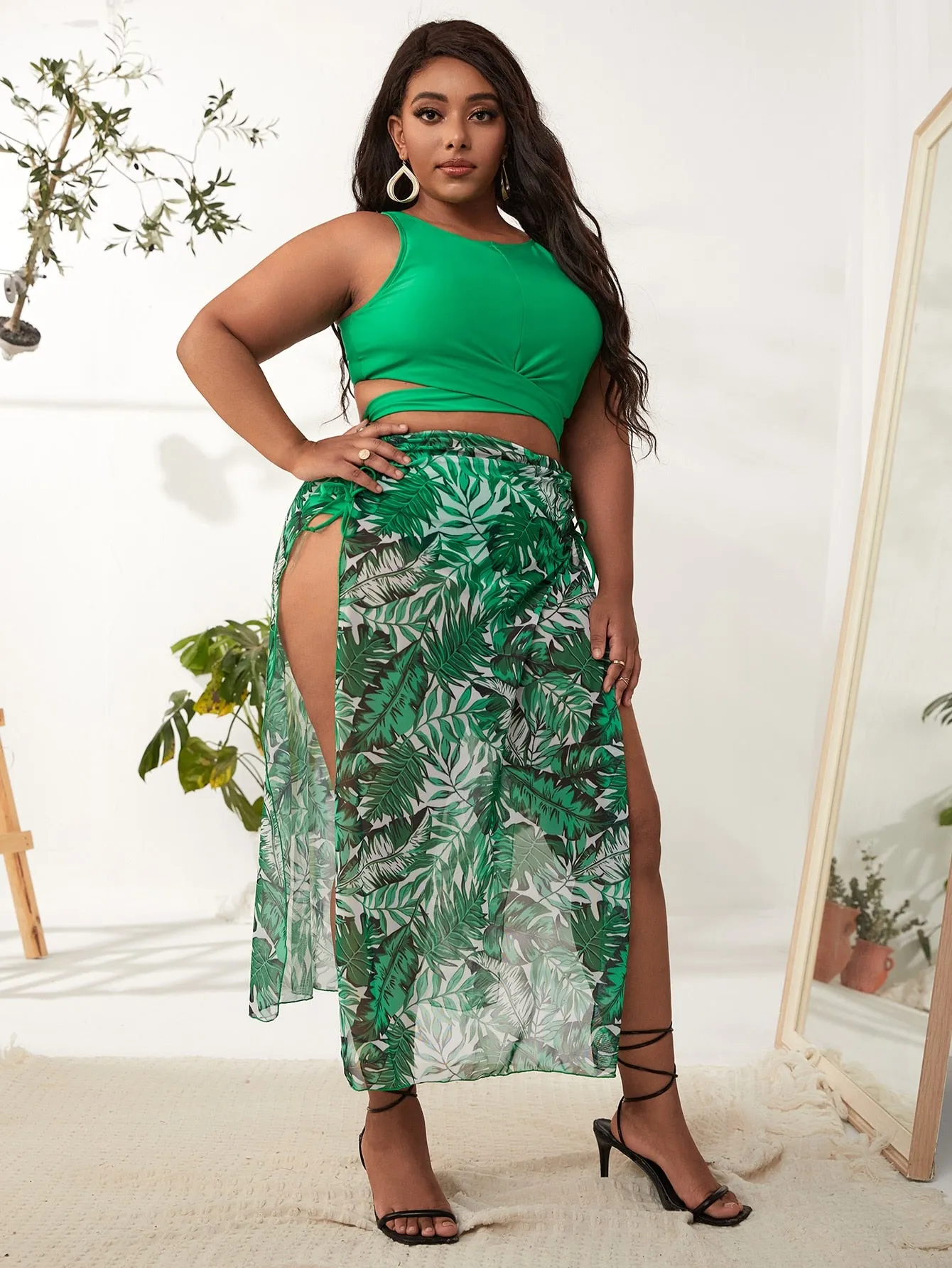 Boho Tropical High Neck Plus Size Bikini Sets