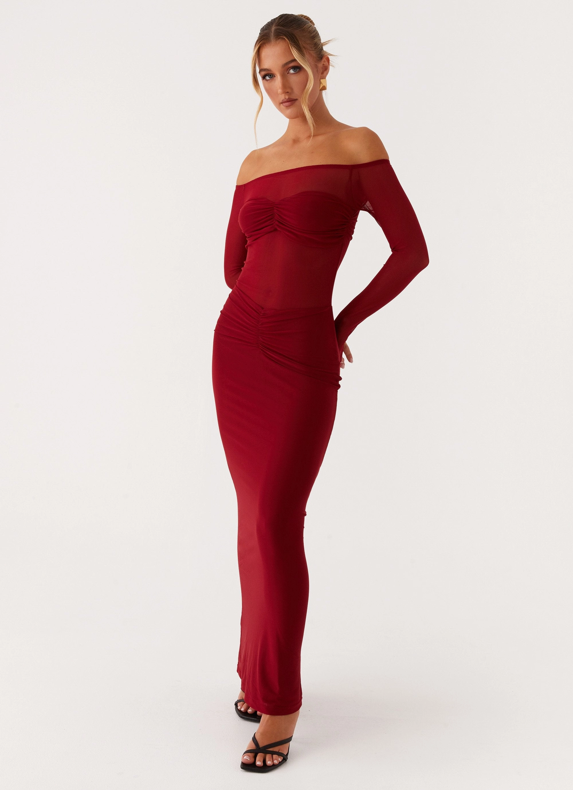 loose silhouette Flattering Shape Divine Beauty Mesh Maxi Dress - Maroon
