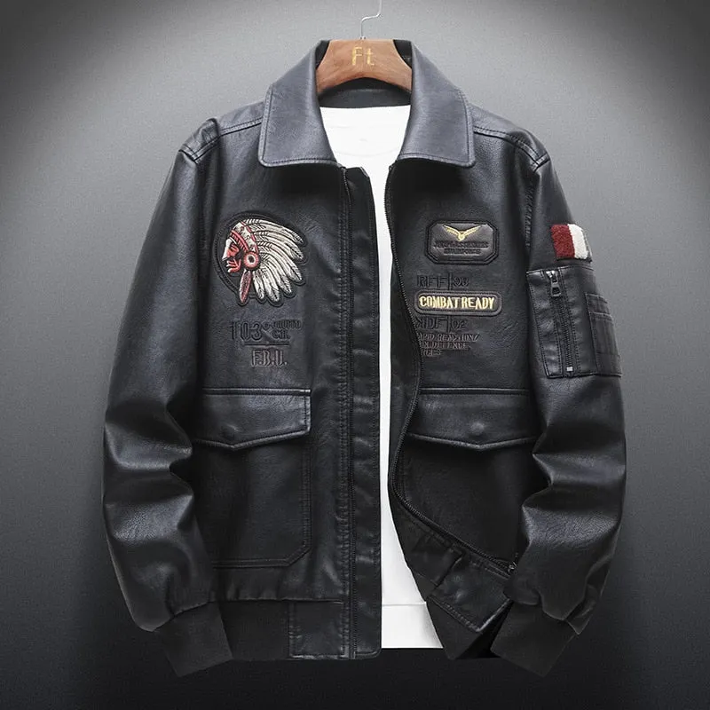 Bomber Jacket Men Indian Pattern Embroidered Faux Leather