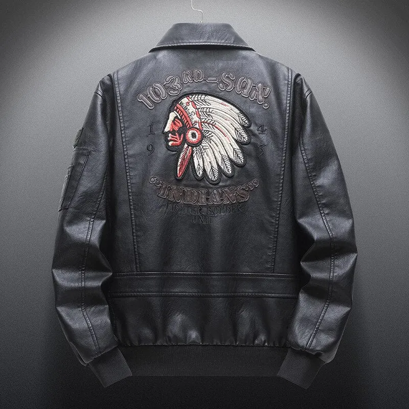 Bomber Jacket Men Indian Pattern Embroidered Faux Leather