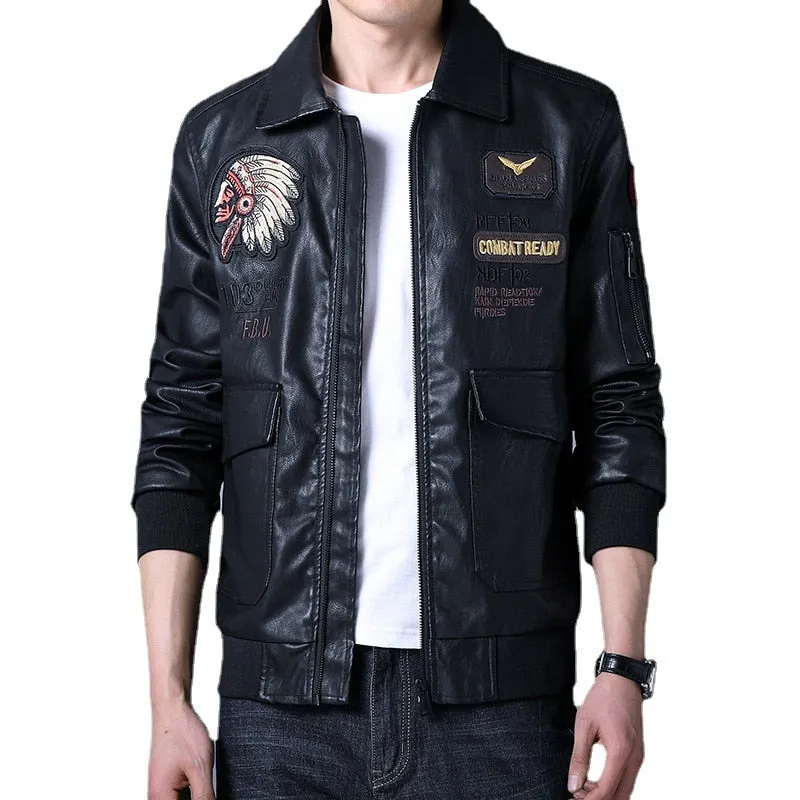 Bomber Jacket Men Indian Pattern Embroidered Faux Leather