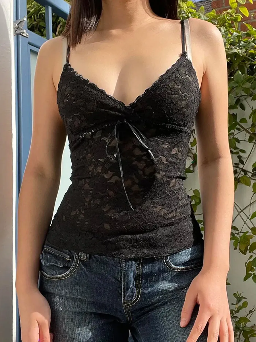 Bonnyshow Black See Through Lace Cami Crop Tops Women Summer Y2K Clothes Sleeveless V Neck Sexy Tanks Camis Aesthetic 2000s Gothic Tees
