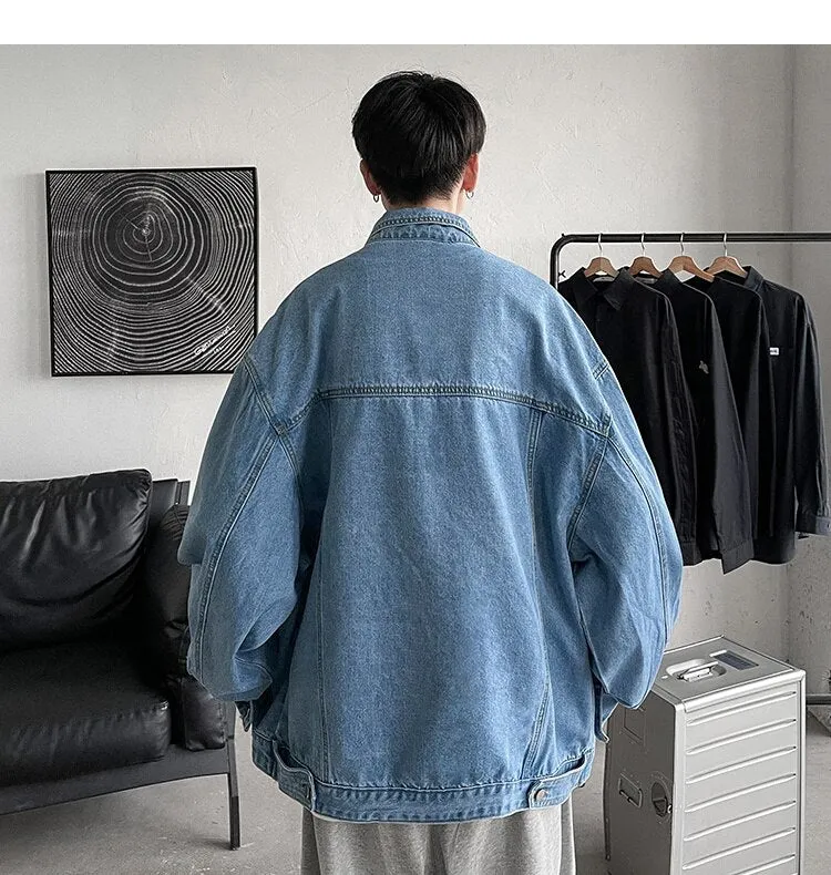 Bonsir Men's Fashion Trend Pure Color Blue Denim Jackets Loose Casual Long Sleeve Outerwear Pocket Popular Coats Plus Size M-2XL