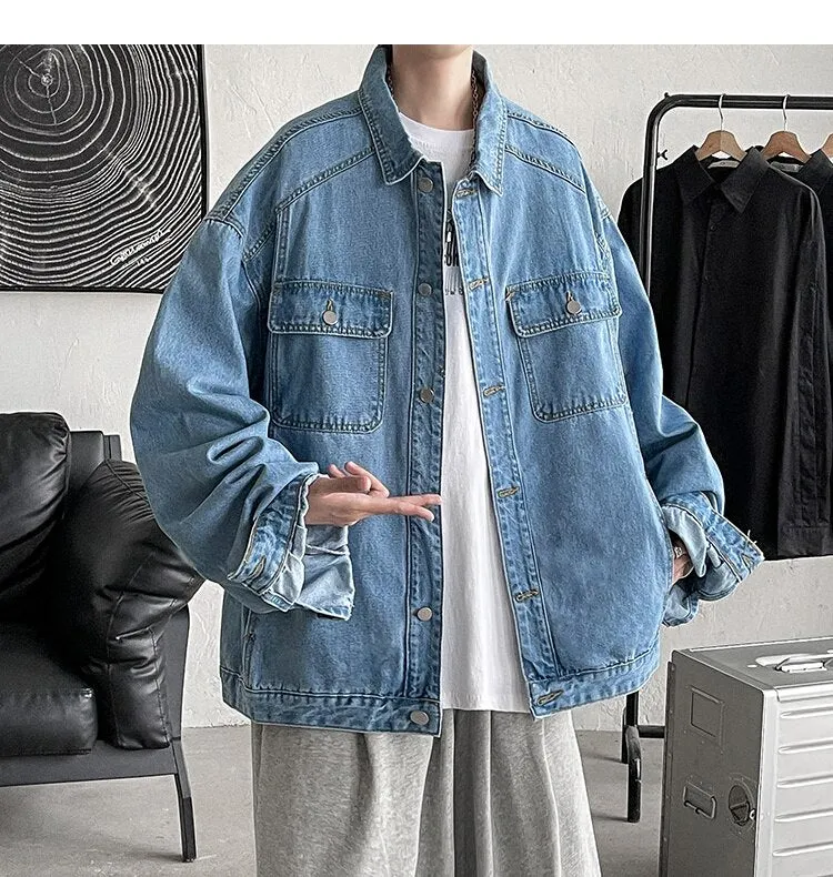Bonsir Men's Fashion Trend Pure Color Blue Denim Jackets Loose Casual Long Sleeve Outerwear Pocket Popular Coats Plus Size M-2XL