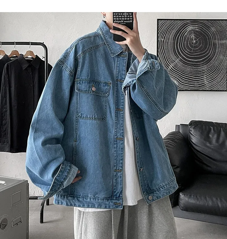 Bonsir Men's Fashion Trend Pure Color Blue Denim Jackets Loose Casual Long Sleeve Outerwear Pocket Popular Coats Plus Size M-2XL