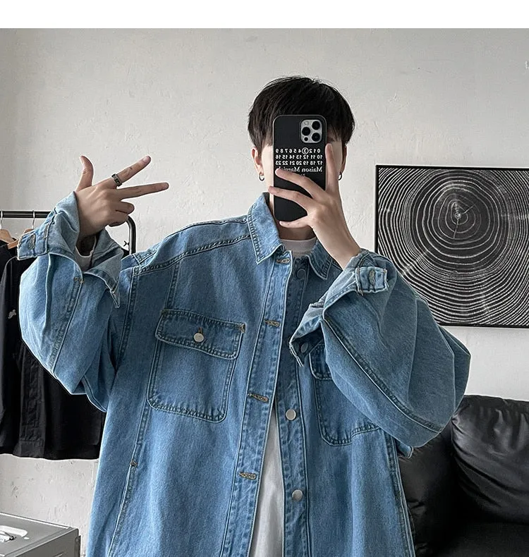 Bonsir Men's Fashion Trend Pure Color Blue Denim Jackets Loose Casual Long Sleeve Outerwear Pocket Popular Coats Plus Size M-2XL