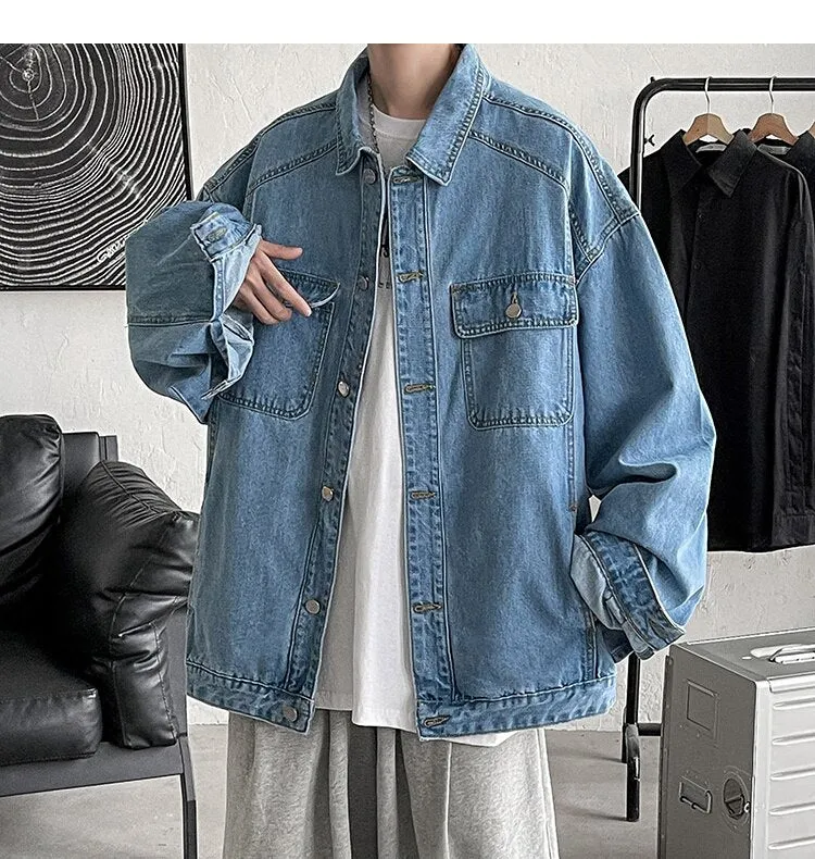 Bonsir Men's Fashion Trend Pure Color Blue Denim Jackets Loose Casual Long Sleeve Outerwear Pocket Popular Coats Plus Size M-2XL