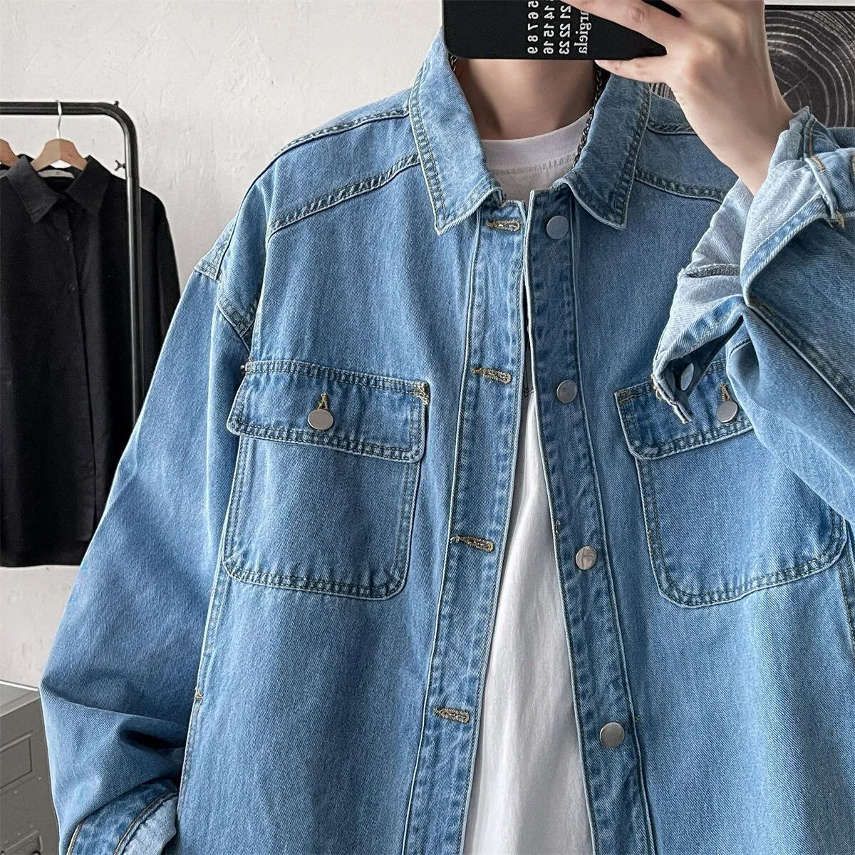 Bonsir Men's Fashion Trend Pure Color Blue Denim Jackets Loose Casual Long Sleeve Outerwear Pocket Popular Coats Plus Size M-2XL