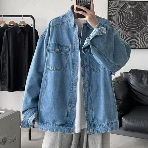 Bonsir Men's Fashion Trend Pure Color Blue Denim Jackets Loose Casual Long Sleeve Outerwear Pocket Popular Coats Plus Size M-2XL