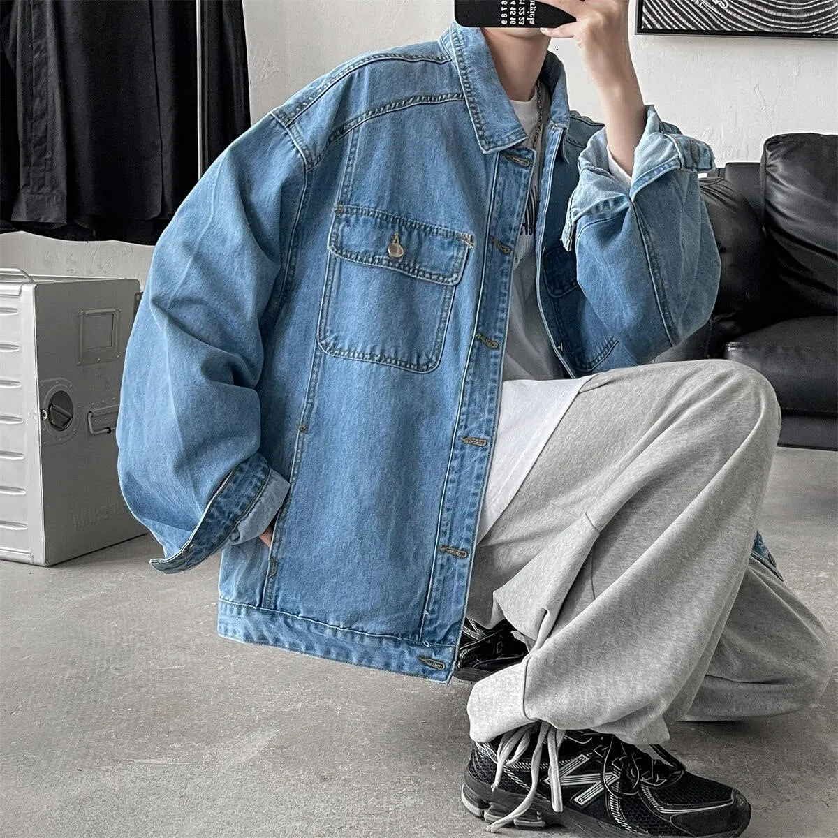 Bonsir Men's Fashion Trend Pure Color Blue Denim Jackets Loose Casual Long Sleeve Outerwear Pocket Popular Coats Plus Size M-2XL