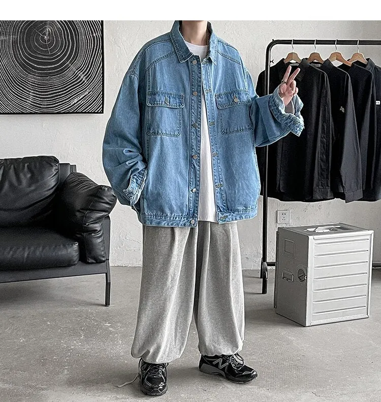 Bonsir Men's Fashion Trend Pure Color Blue Denim Jackets Loose Casual Long Sleeve Outerwear Pocket Popular Coats Plus Size M-2XL