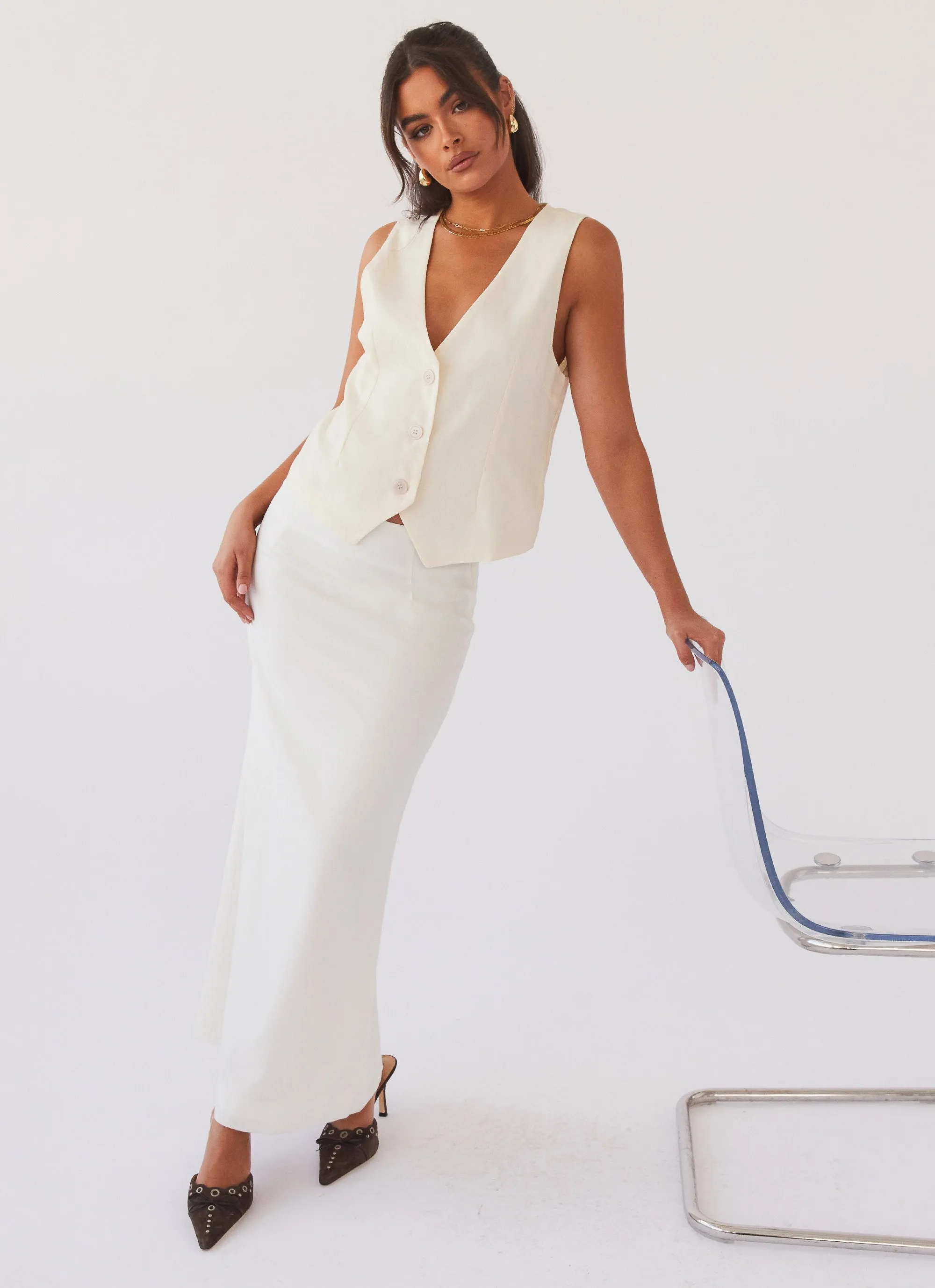 Born For Bordeaux Linen Midi Skirt - White Daily Wear Minimalist Trim