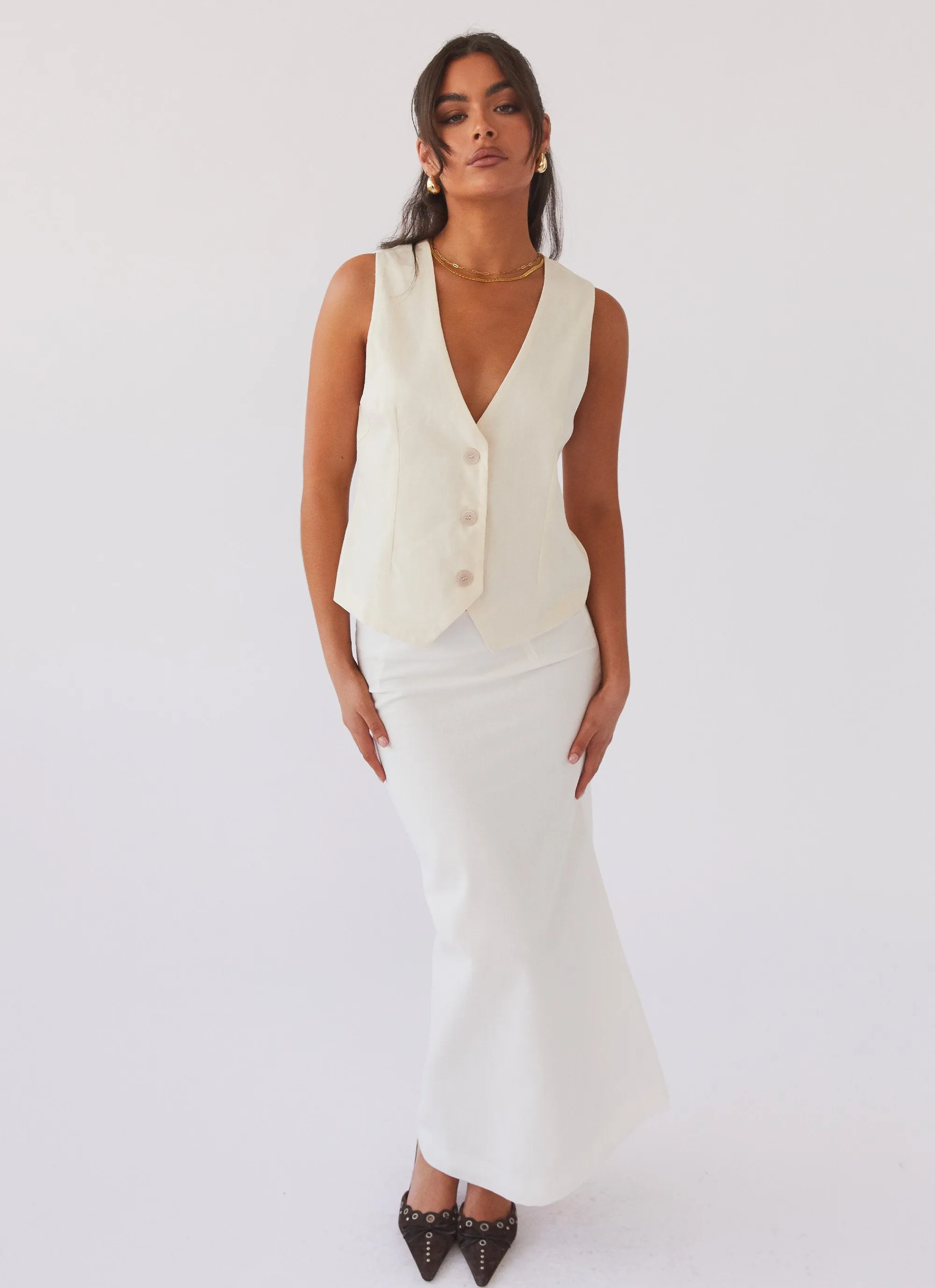 Smart Comfort Born For Bordeaux Linen Midi Skirt - White