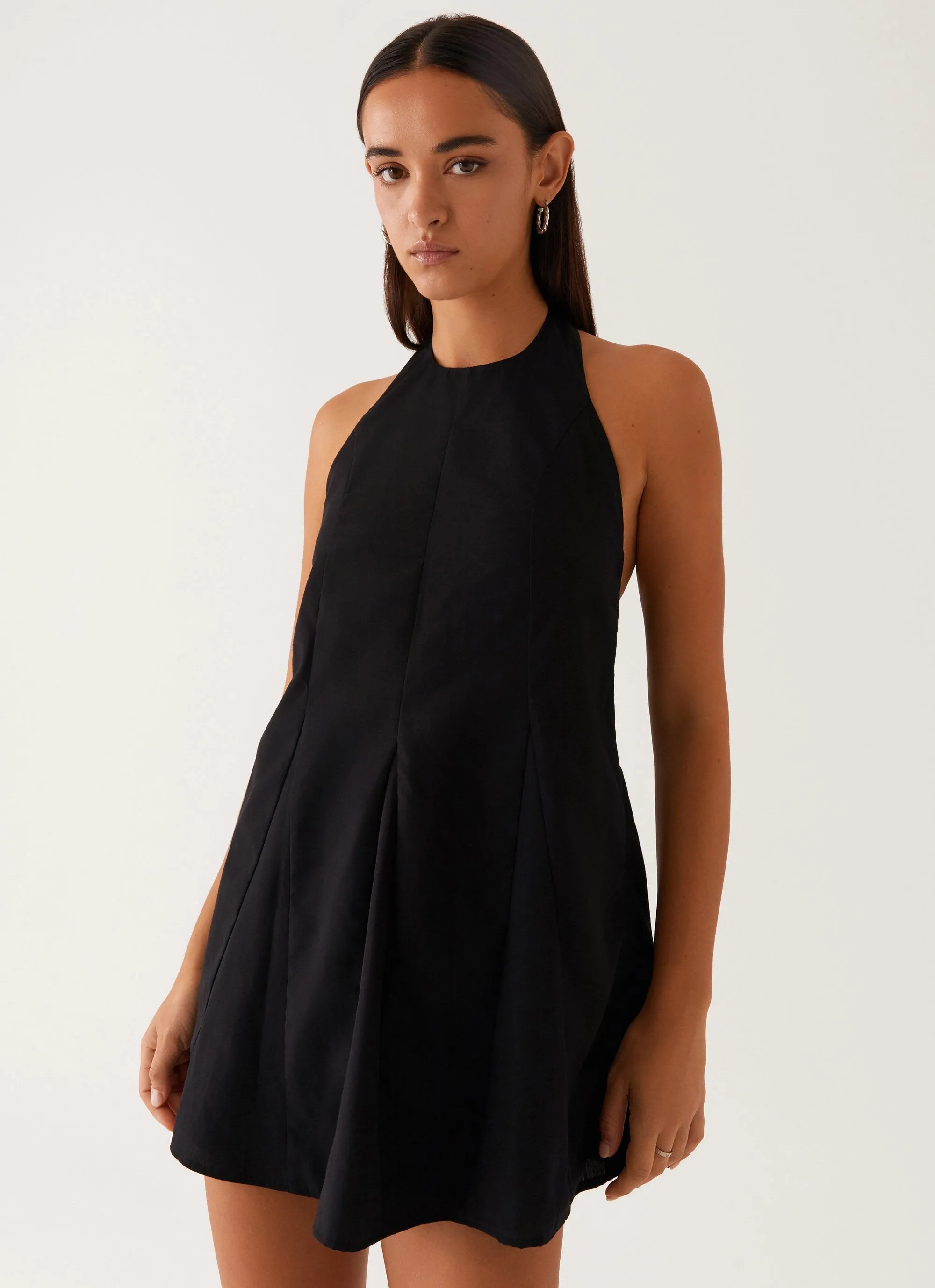 Avalon Halterneck Mini Dress - Black High Density Weave Structured Shoulder Support
