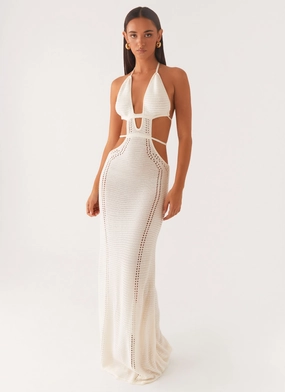In Motion Cut Out Crochet Maxi Dress - White Front-Zip Cut-Out-Detail