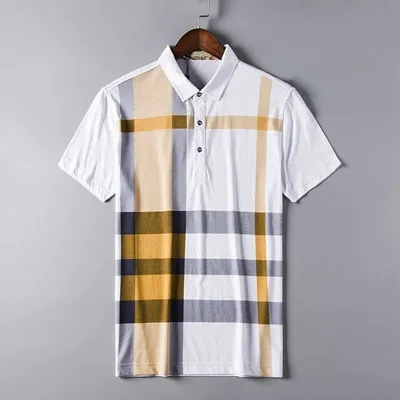 BRADFORD Design Collection Men's Fashion White Yellow Black Luxury Style Plaid Designer Polo Shirt