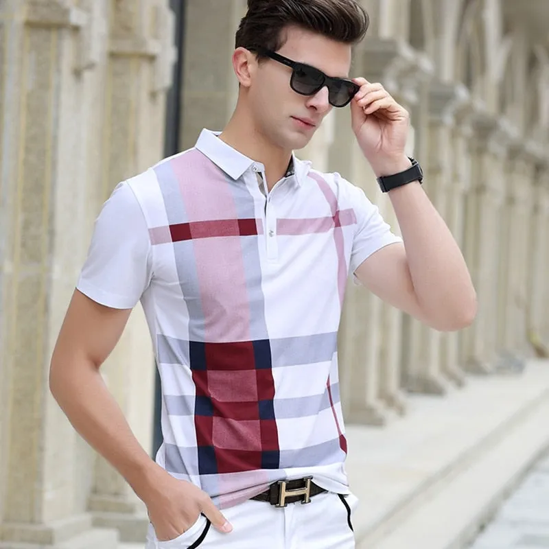 BRADFORD Design Collection Men's Fashion White Yellow Black Luxury Style Plaid Designer Polo Shirt