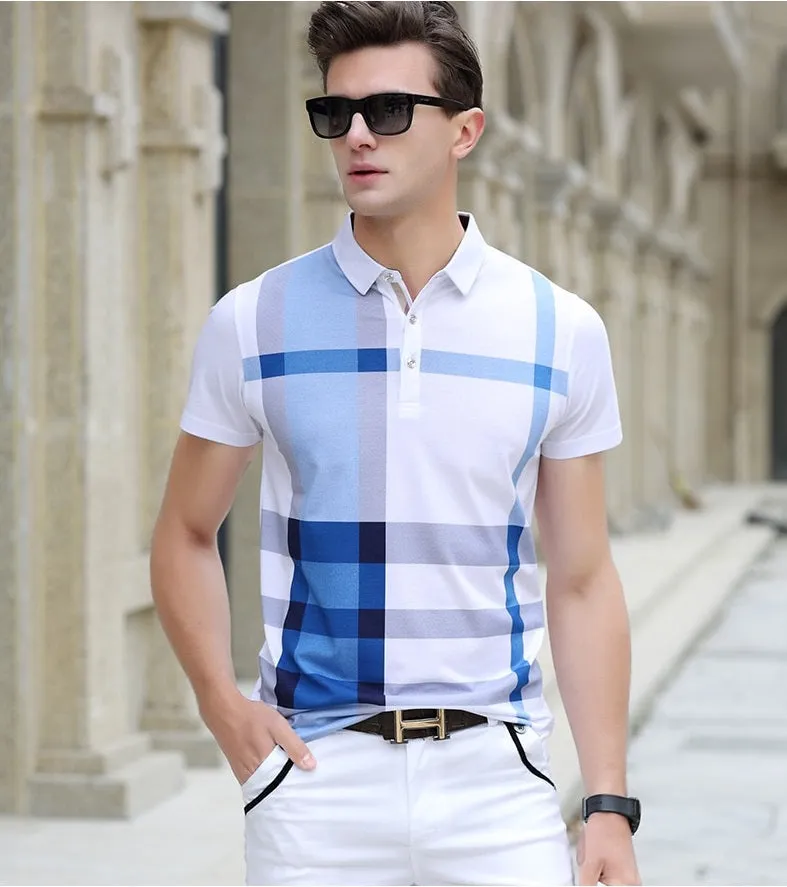 BRADFORD Design Collection Men's Fashion White Yellow Black Luxury Style Plaid Designer Polo Shirt