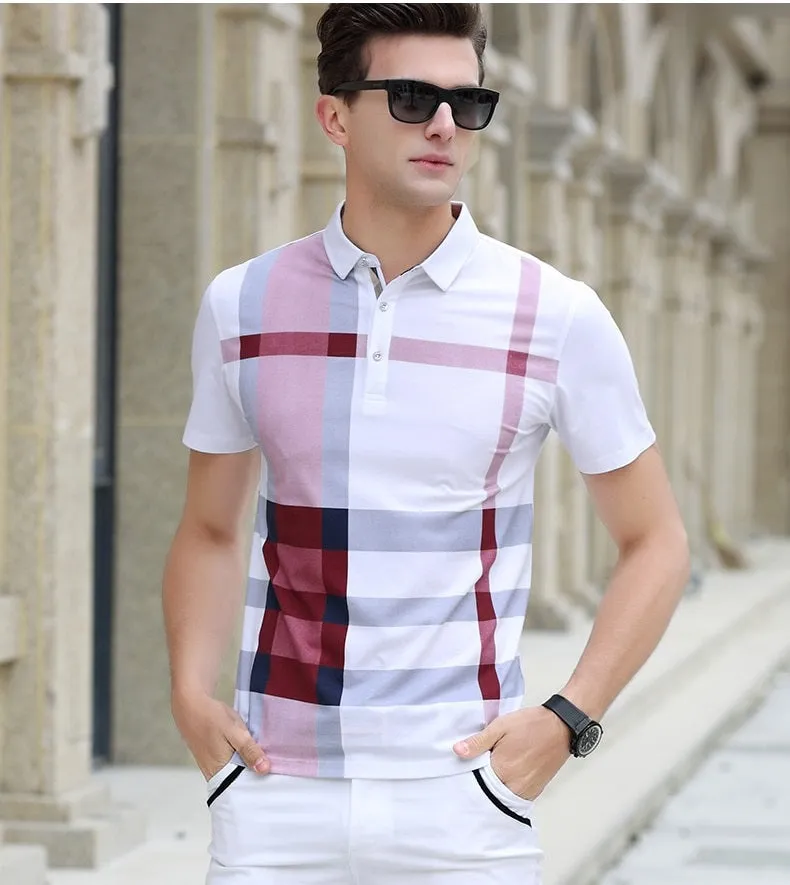BRADFORD Design Collection Men's Fashion White Yellow Black Luxury Style Plaid Designer Polo Shirt