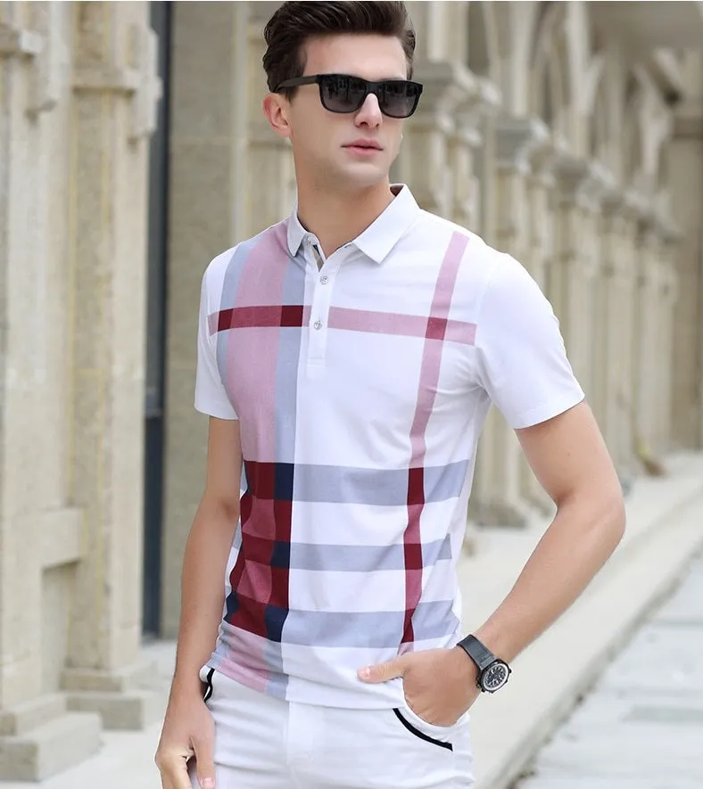 BRADFORD Design Collection Men's Fashion White Yellow Black Luxury Style Plaid Designer Polo Shirt