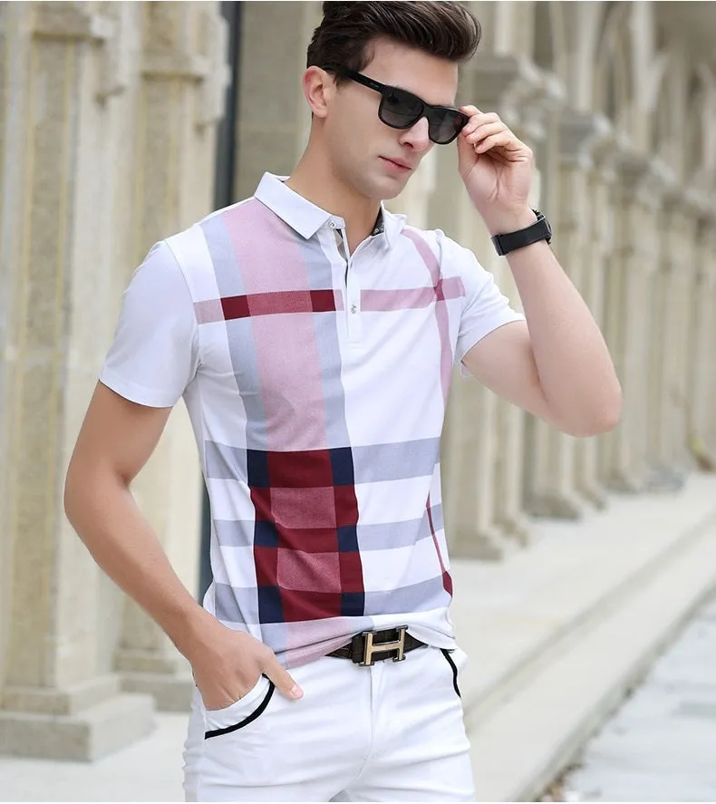BRADFORD Design Collection Men's Fashion White Yellow Black Luxury Style Plaid Designer Polo Shirt