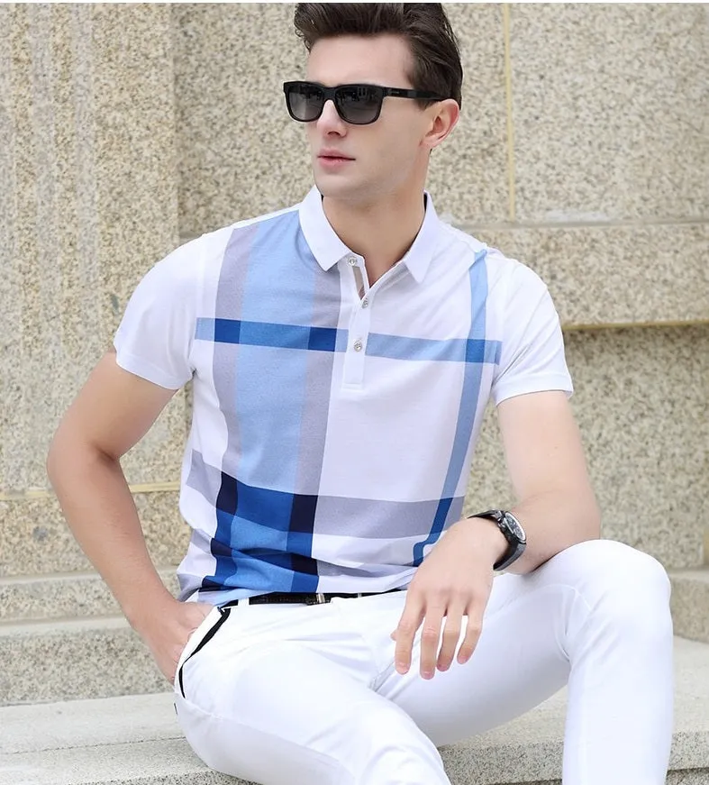 BRADFORD Design Collection Men's Fashion White Yellow Black Luxury Style Plaid Designer Polo Shirt