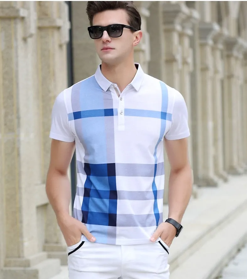BRADFORD Design Collection Men's Fashion White Yellow Black Luxury Style Plaid Designer Polo Shirt